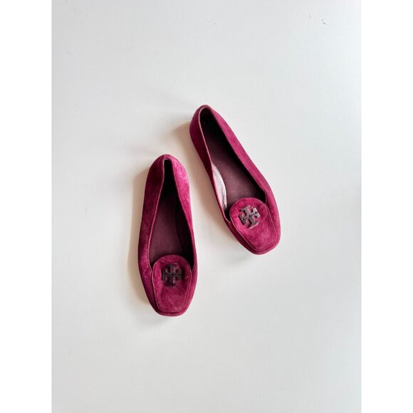 TORY BURCH Wine Burgundy Suede Leather Plastic Logo Driving Loafers, Size 9 - Picture 2 of 13